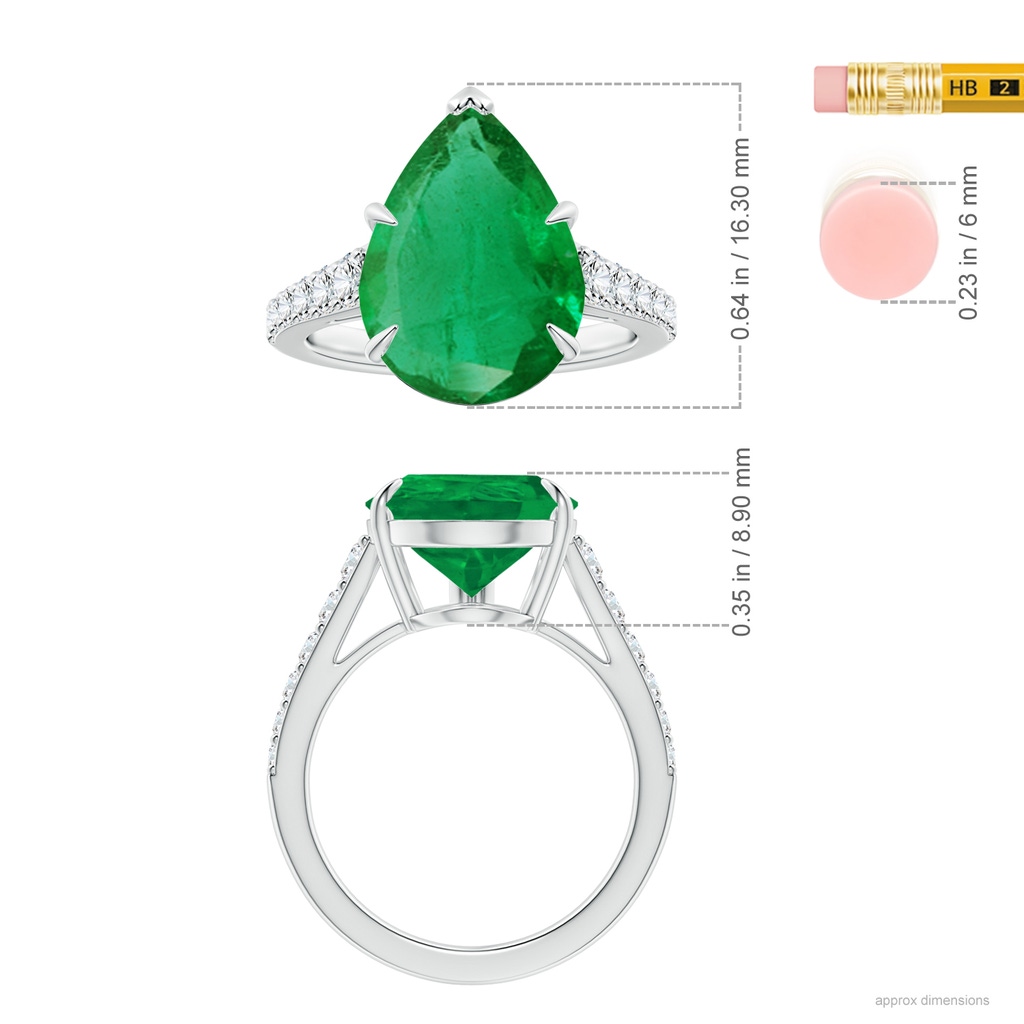 15.6x8.70mm AA Claw-Set GIA Certified Pear-Shaped Emerald Tapered Shank ring with Diamonds in 18K White Gold Ruler