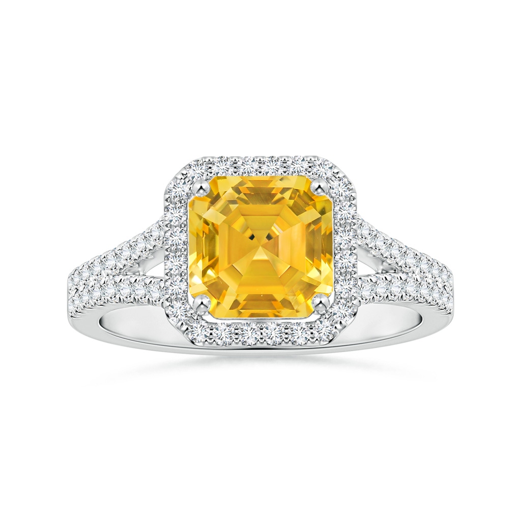 8.25x8.18x6.98mm AAAA GIA Certified Emerald-Cut Yellow Sapphire Split Shank Ring with Halo in P950 Platinum
