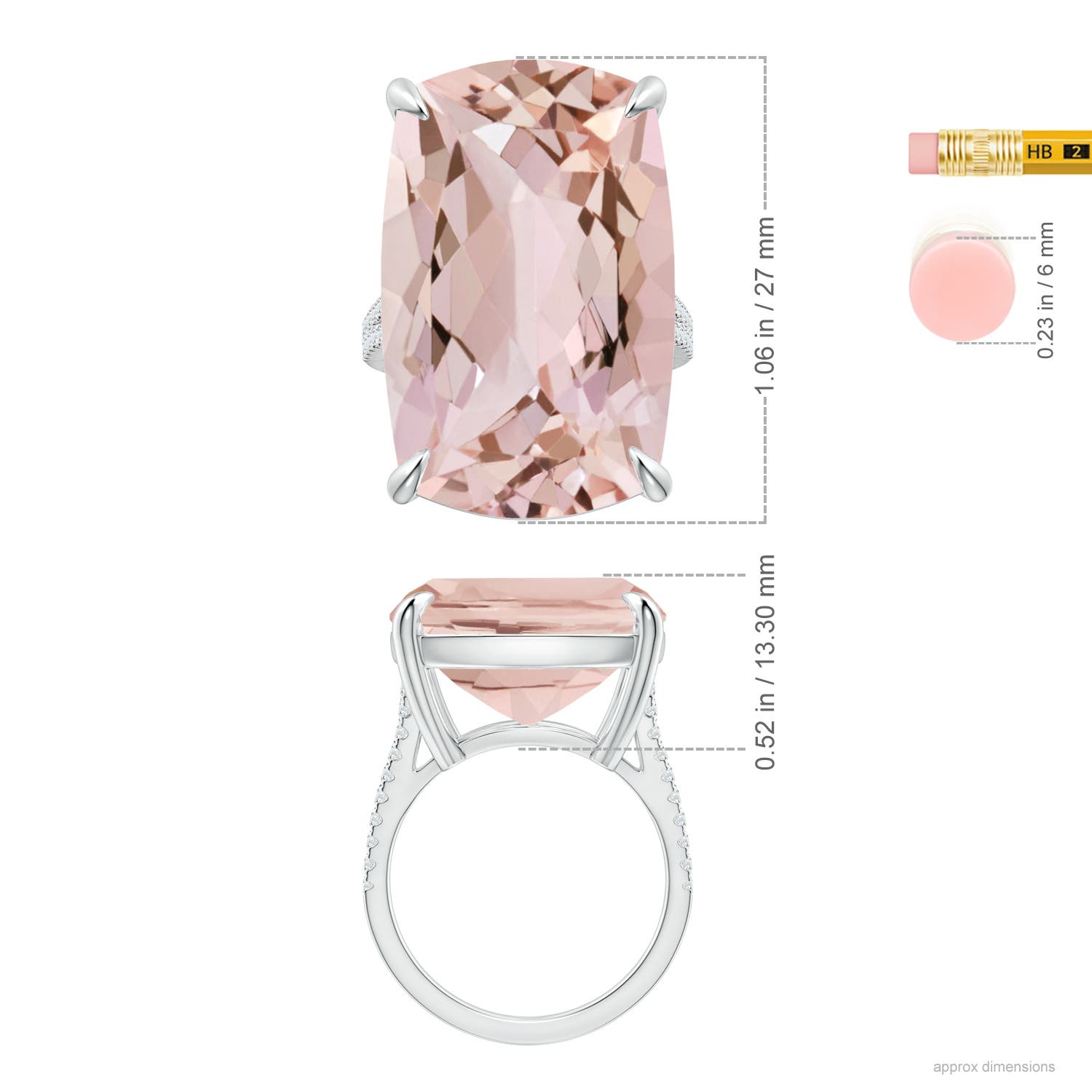 27x16.5mm AA Double Claw-Set GIA Certified Cushion Morganite Split Shank Ring with Diamonds in 18CT White Gold - ruler
