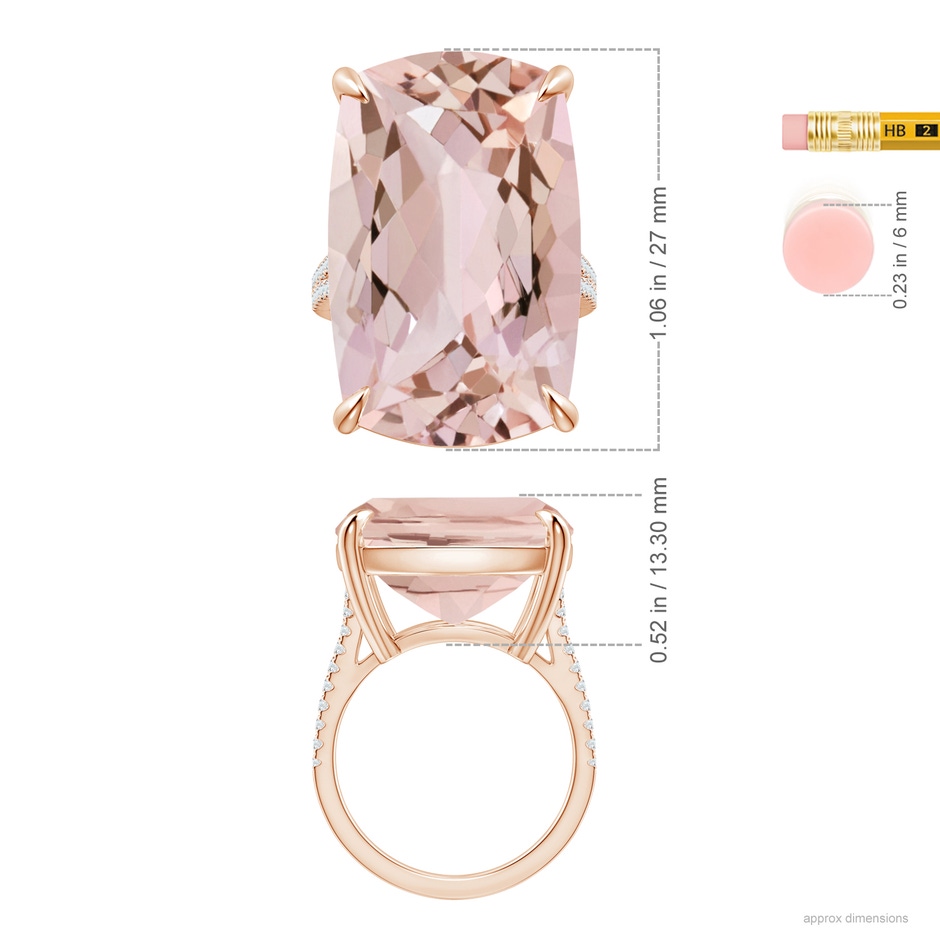 27x16.5mm AA Double Claw-Set GIA Certified Cushion Morganite Split Shank Ring with Diamonds in Rose Gold ruler