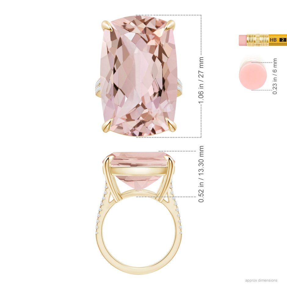 27x16.5mm AA Double Claw-Set GIA Certified Cushion Morganite Split Shank Ring with Diamonds in Yellow Gold ruler