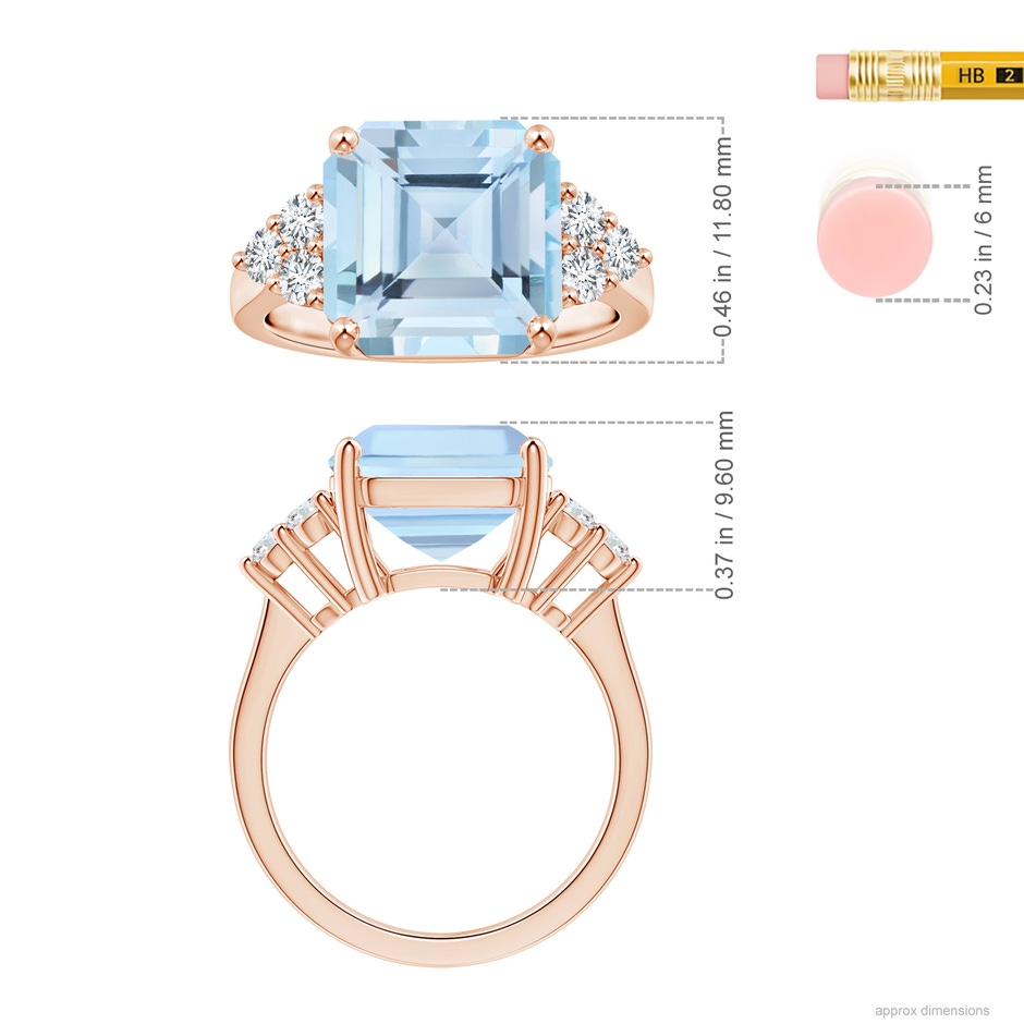 11.83x12.25x9.04mm AAA GIA Certified Square Emerald-Cut Aquamarine Ring with Diamonds in 18K Rose Gold ruler