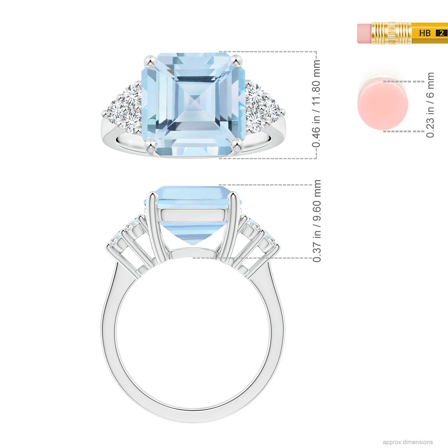 11.83x12.25x9.04mm AAA GIA Certified Square Emerald-Cut Aquamarine Ring with Diamonds in 18K White Gold - ruler