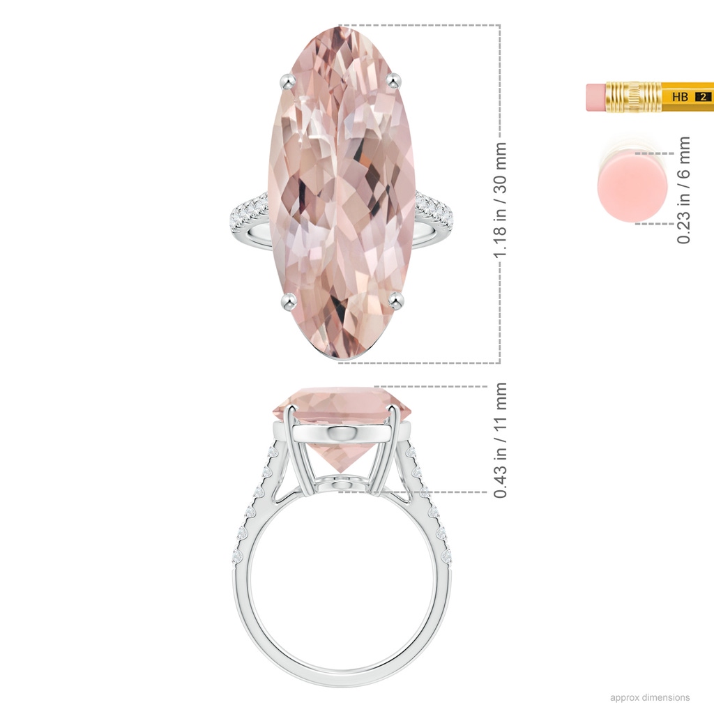 30x13mm AA GIA Certified Oval Morganite Reverse Tapered Shank Ring with Diamonds in 18K White Gold Ruler