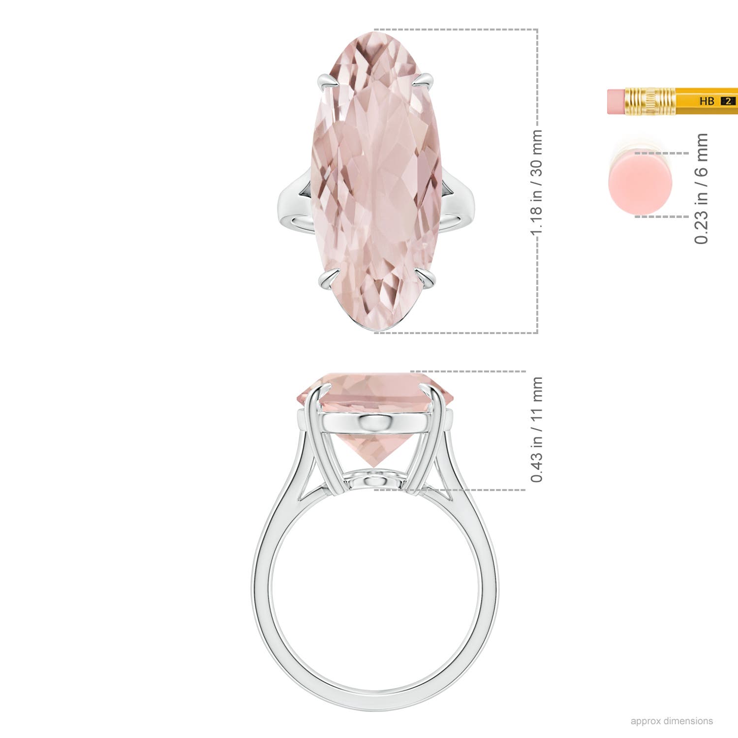 30x13mm AA Claw-Set GIA Certified Solitaire Oval Morganite Split Shank Ring in White Gold - ruler