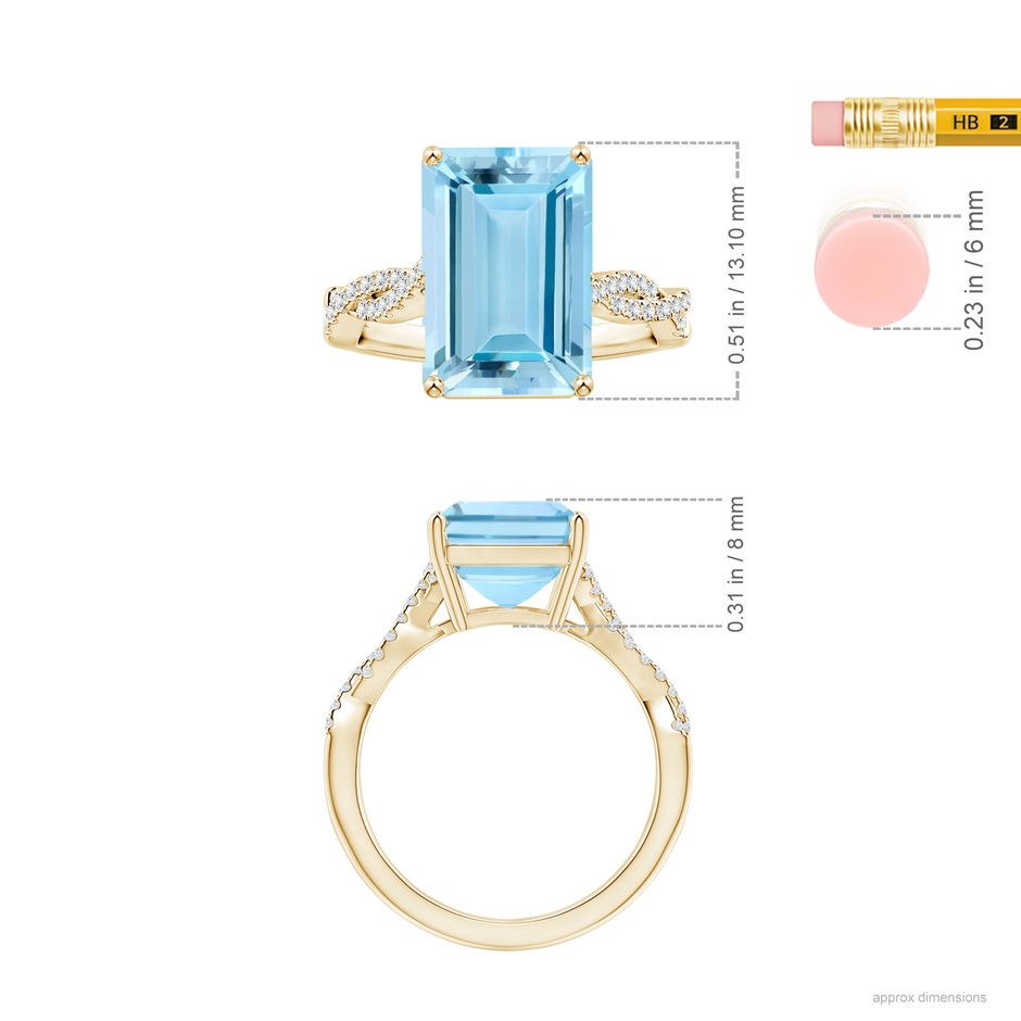 13.16x11.11x7.42mm AAAA GIA Certified Emerald-Cut Aquamarine Ring with Diamond Twist Shank in Yellow Gold ruler