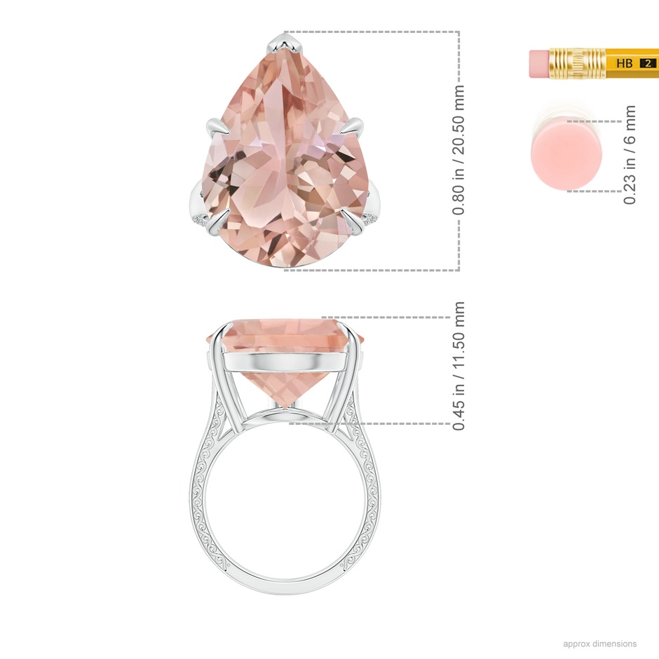 20x17mm AAA GIA Certified Solitaire Pear-Shaped Morganite Split Shank Ring with Scrollwork in 18K White Gold ruler