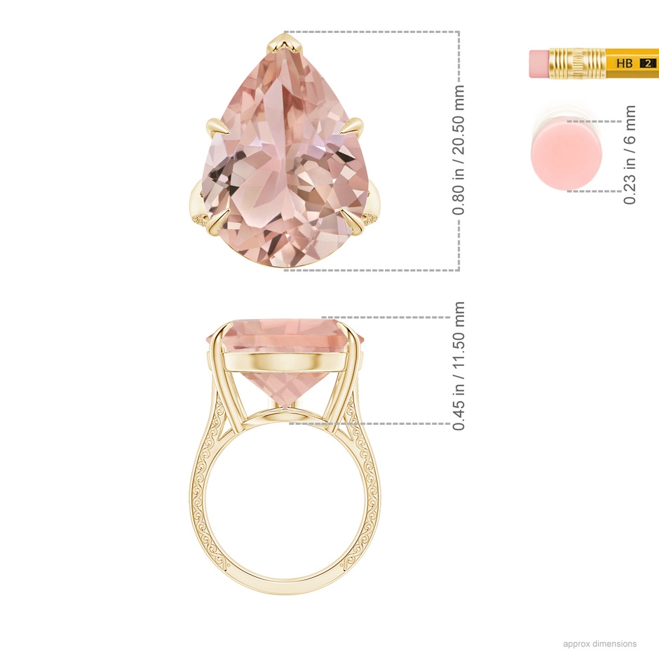 20x17mm AAA GIA Certified Solitaire Pear-Shaped Morganite Split Shank Ring with Scrollwork in Yellow Gold ruler