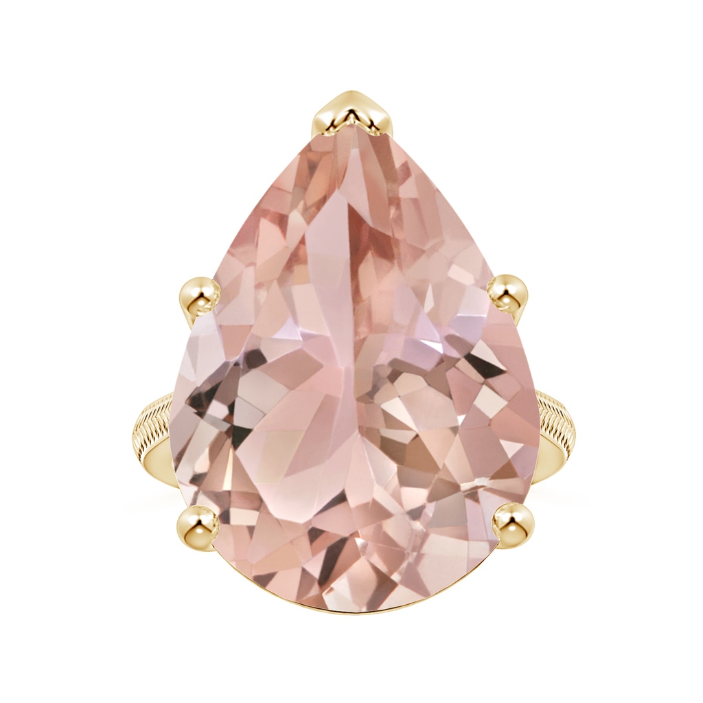 20x17mm AAA GIA Certified Solitaire Pear-Shaped Morganite Reverse Tapered Ring with Feather Motifs in Yellow Gold