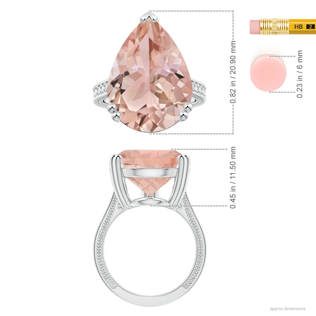 20x17mm AAA Double Claw-Set GIA Certified Pear-Shaped Morganite Leaf Ring with Diamonds in 18K White Gold Ruler