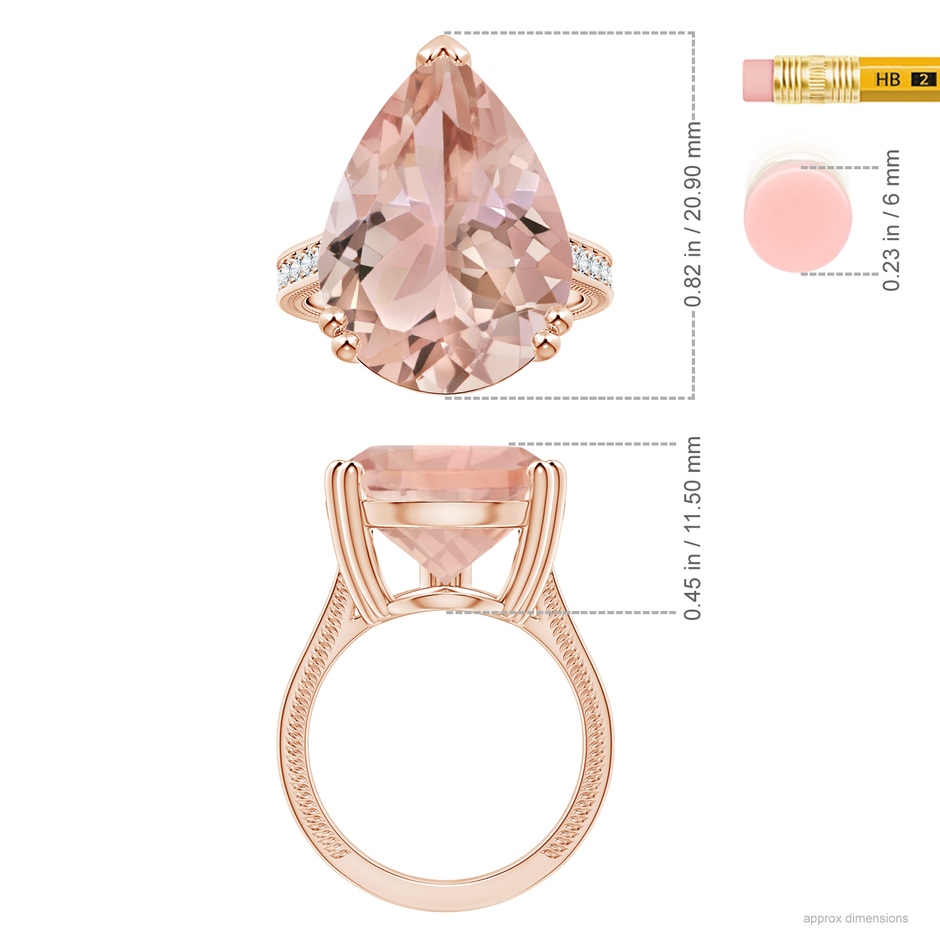 20x17mm AAA Double Claw-Set GIA Certified Pear-Shaped Morganite Leaf Ring with Diamonds in Rose Gold ruler
