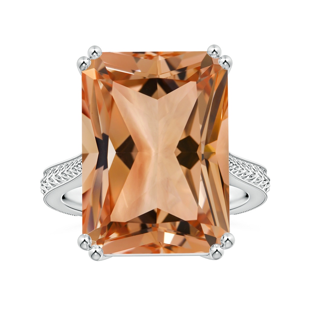 18.8x14.8mm AAAA Double Claw-Set GIA Certified Solitaire Emerald-Cut Morganite Ring with Leaf Motifs in 18K White Gold