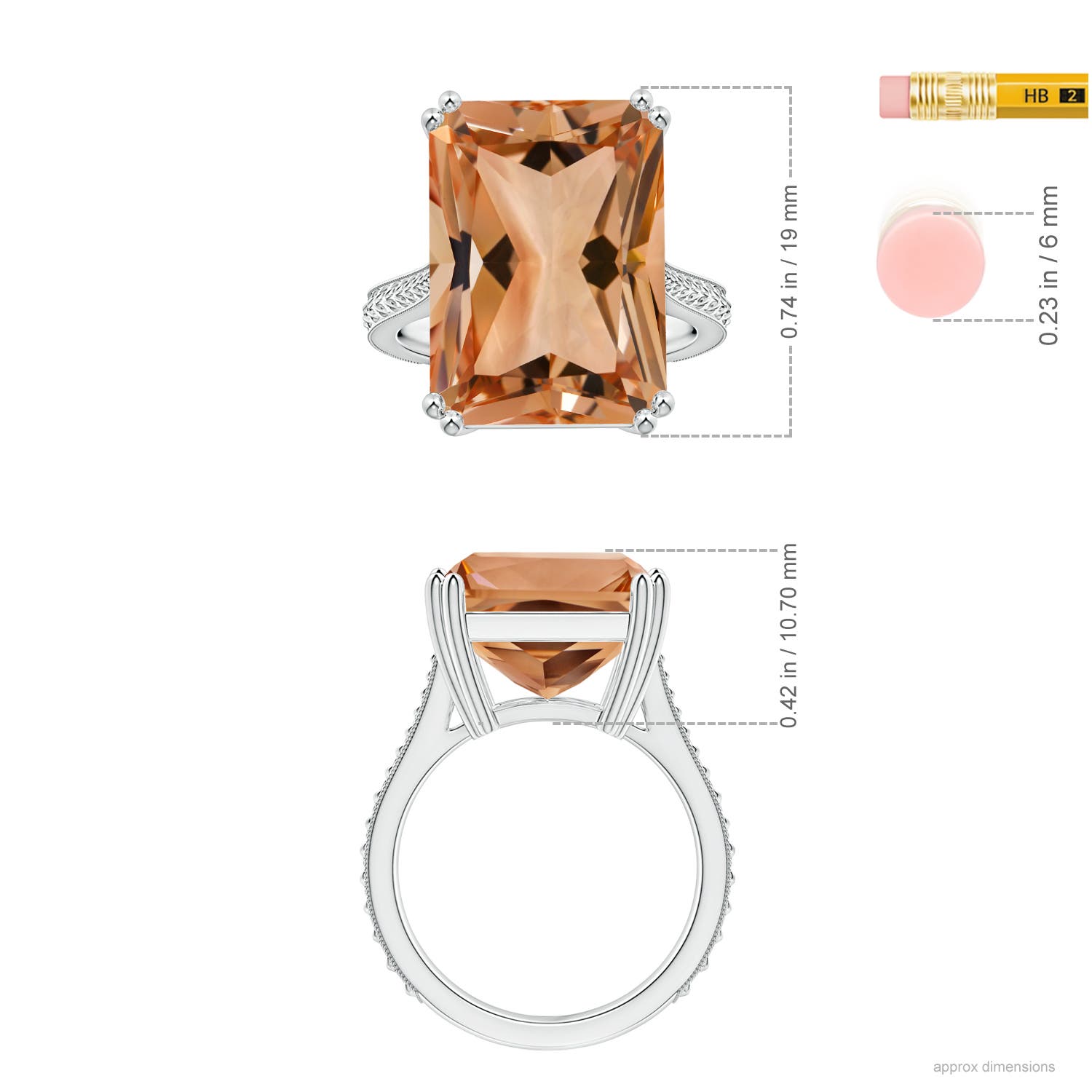 18.8x14.8mm AAAA Double Claw-Set GIA Certified Solitaire Emerald-Cut Morganite Ring with Leaf Motifs in 18CT White Gold - ruler