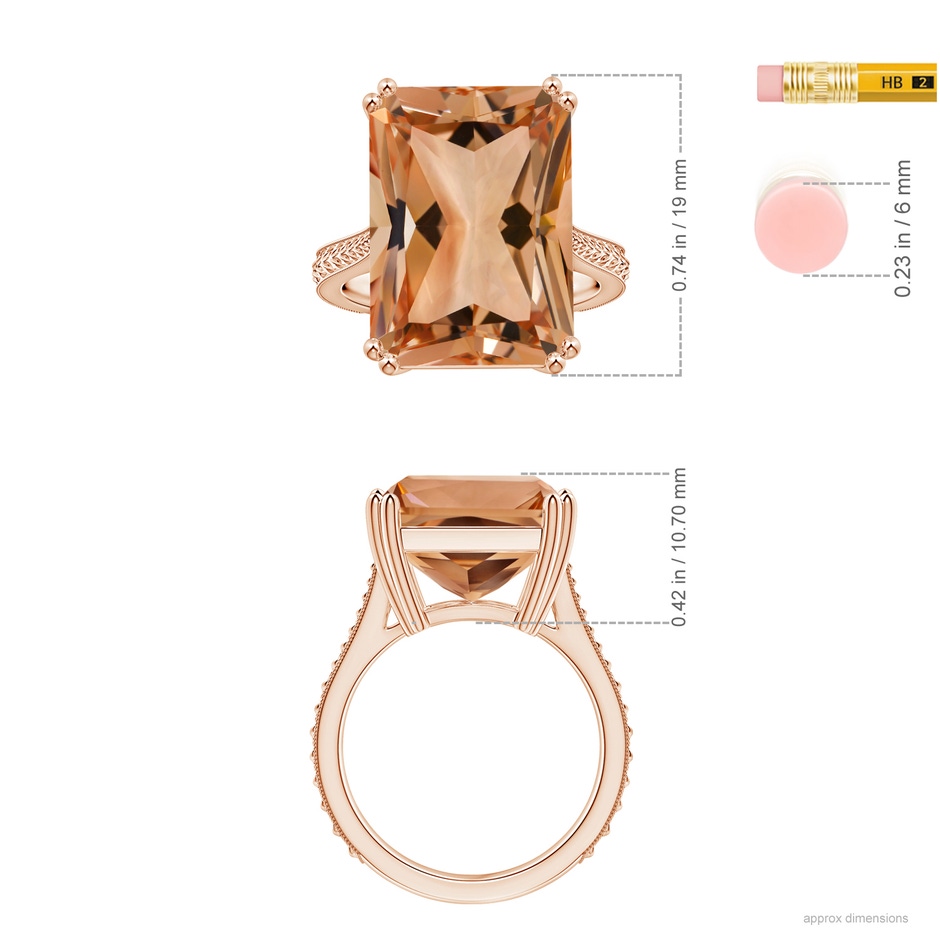 18.8x14.8mm AAAA Double Claw-Set GIA Certified Solitaire Emerald-Cut Morganite Ring with Leaf Motifs in Rose Gold ruler