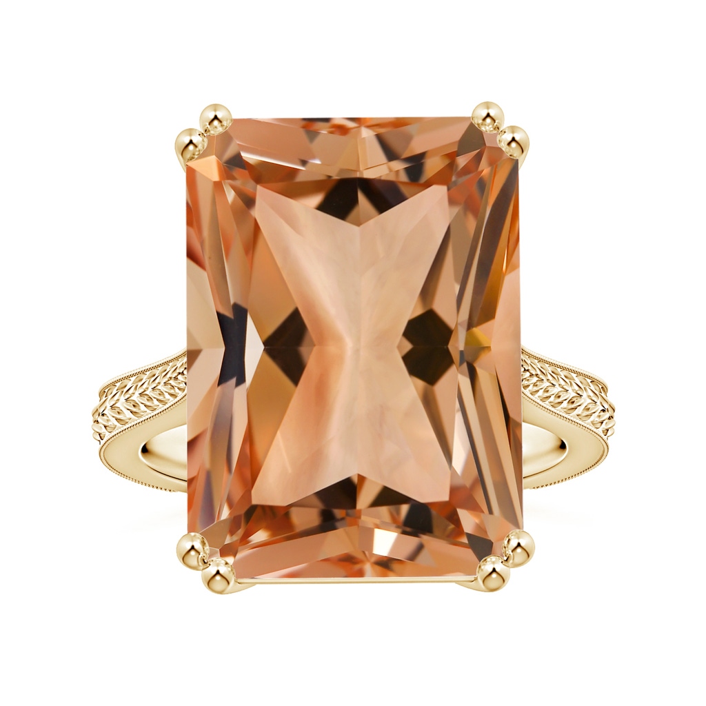 18.8x14.8mm AAAA Double Claw-Set GIA Certified Solitaire Emerald-Cut Morganite Ring with Leaf Motifs in Yellow Gold