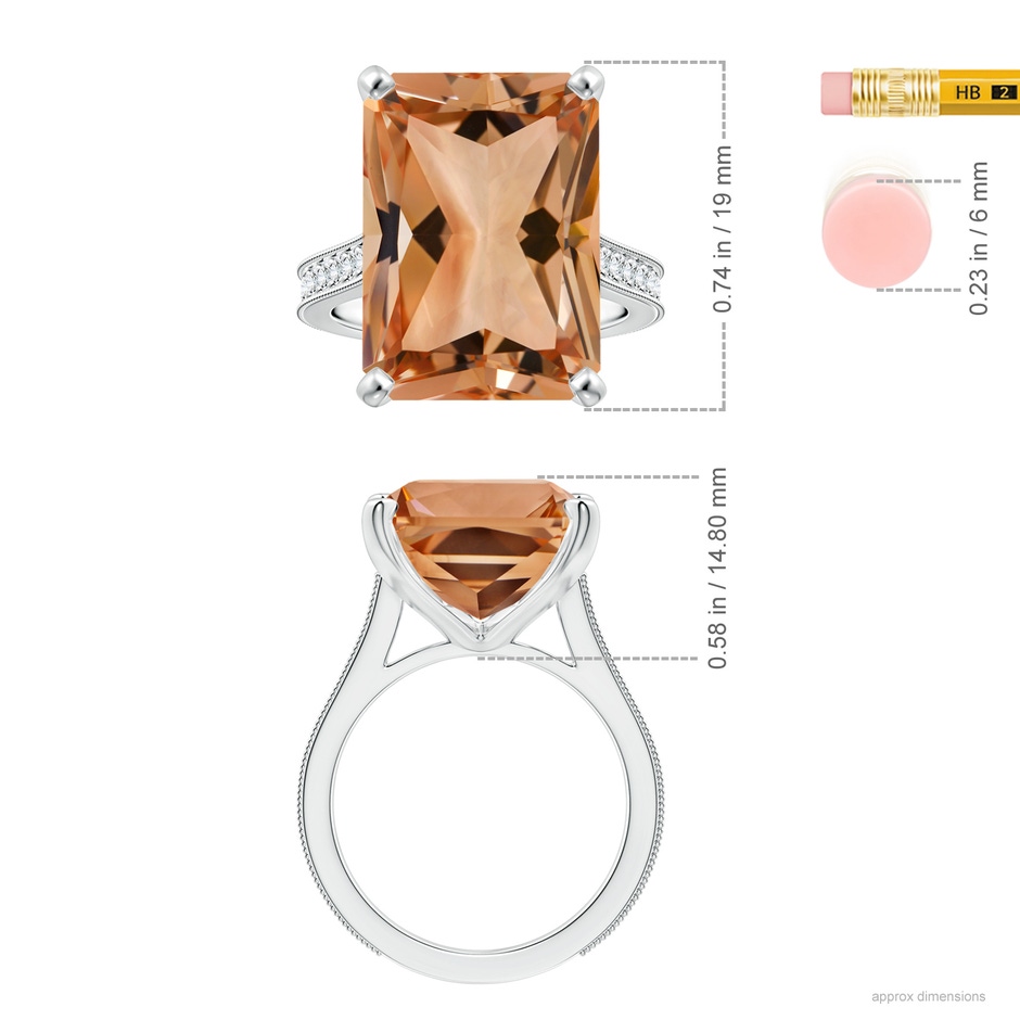 18.8x14.8mm AAAA Peg-Set GIA Certified Emerald-Cut Morganite Ring with Milgrain  in 18K White Gold Ruler