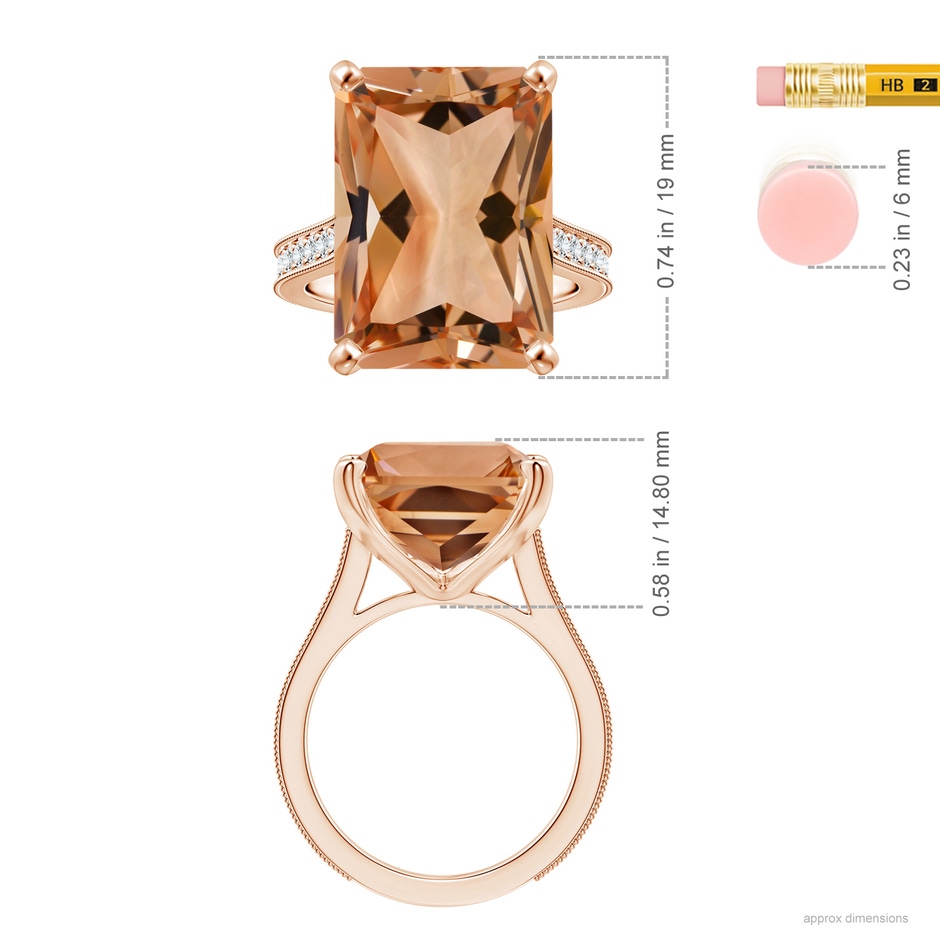 18.8x14.8mm AAAA Peg-Set GIA Certified Emerald-Cut Morganite Ring with Milgrain  in Rose Gold ruler