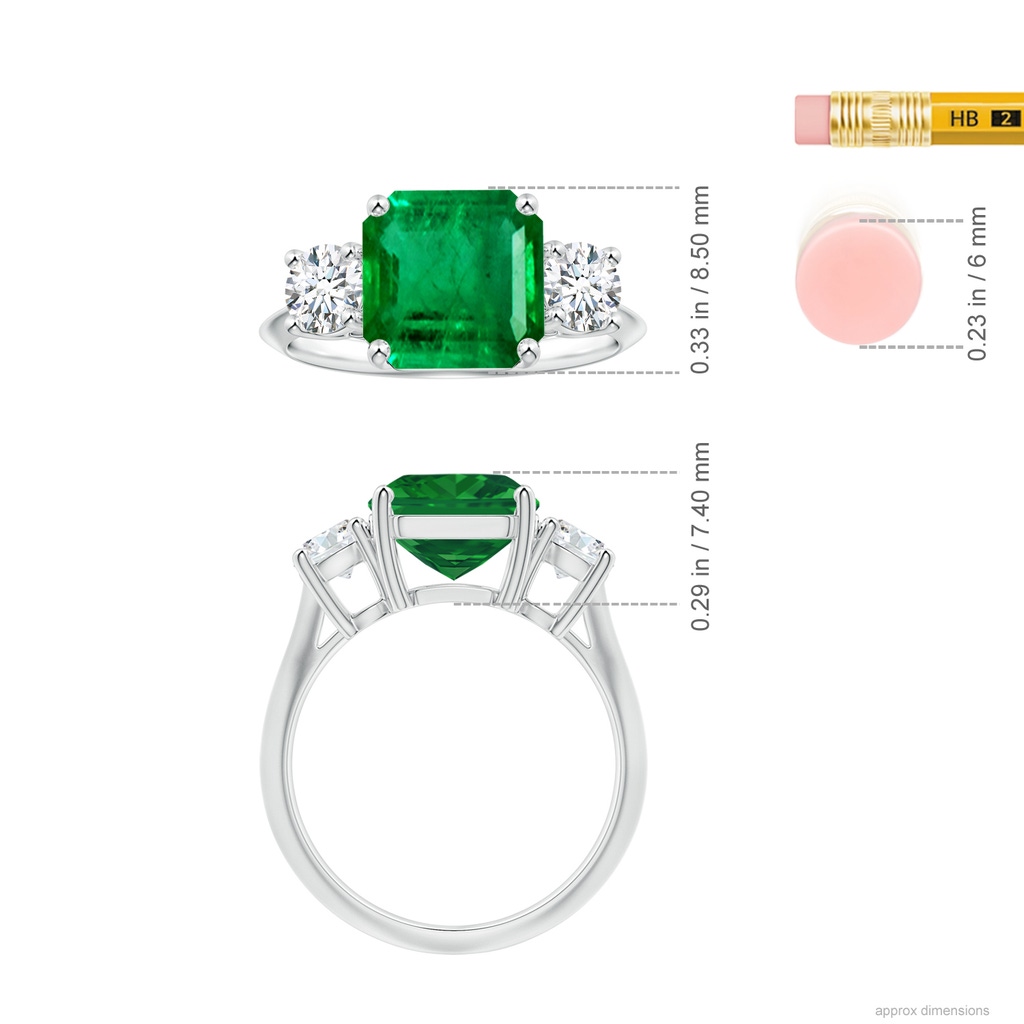 9.21x8.94x5.53mm AAA Three Stone Square Emerald Cut Emerald Knife Edge Shank Ring in White Gold ruler