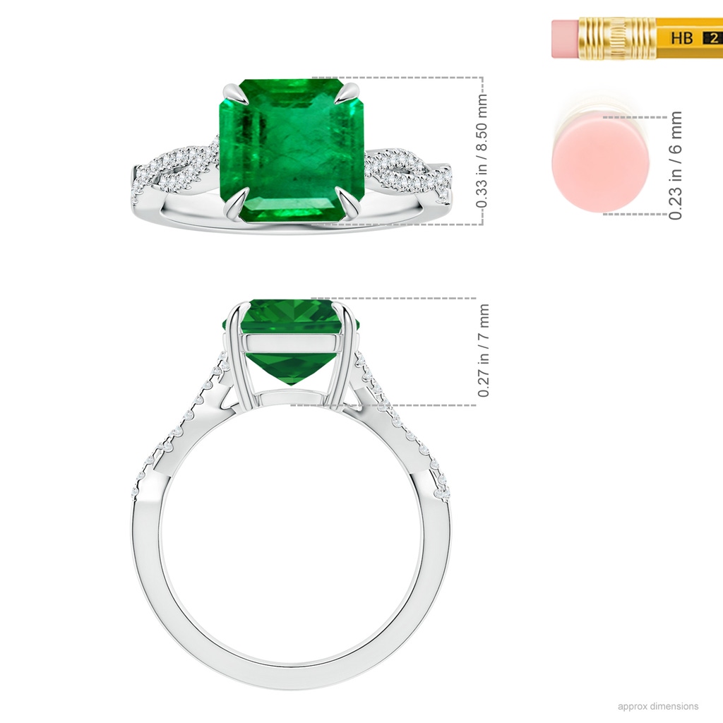 9.21x8.94x5.53mm AAA Claw-SetSquare Emerald Cut Emerald Ring with Twisted Diamond Shank in White Gold ruler