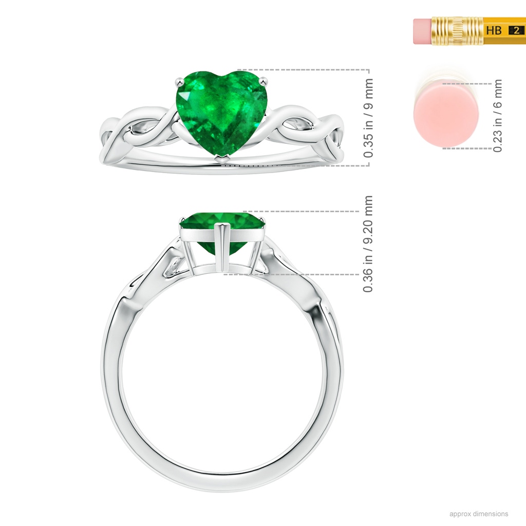 7.96x8.15x4.14mm AAA Prong-Set Solitaire Heart-Shaped Emerald Twisted Shank Ring in P950 Platinum ruler