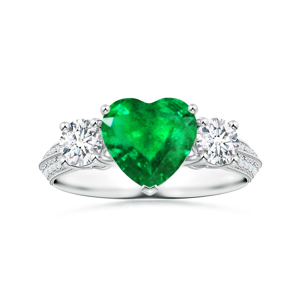 7.96x8.15x4.14mm AAA Three Stone GIA Certified Heart-Shaped Emerald Knife Edge Ring with Milgrain in P950 Platinum