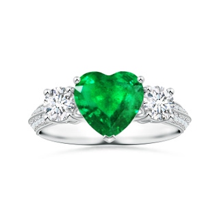 7.96x8.15x4.14mm AAA Three Stone GIA Certified Heart-Shaped Emerald Knife Edge Ring with Milgrain in P950 Platinum
