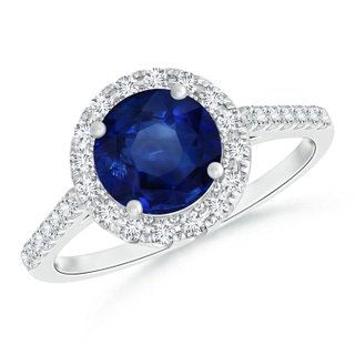 7.73x7.69x4.14mm AAA GIA Certified Round Sapphire Ring with Diamond Halo in 18K White Gold
