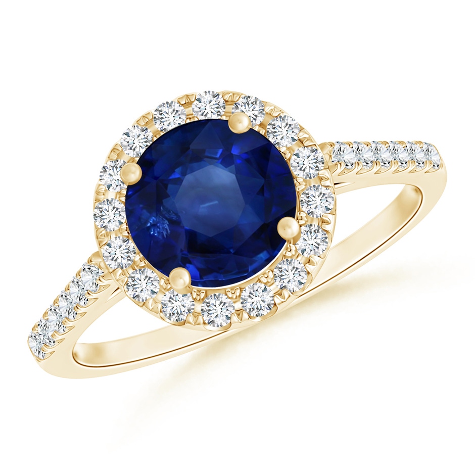 7.73x7.69x4.14mm AAA GIA Certified Round Sapphire Ring with Diamond Halo in Yellow Gold 