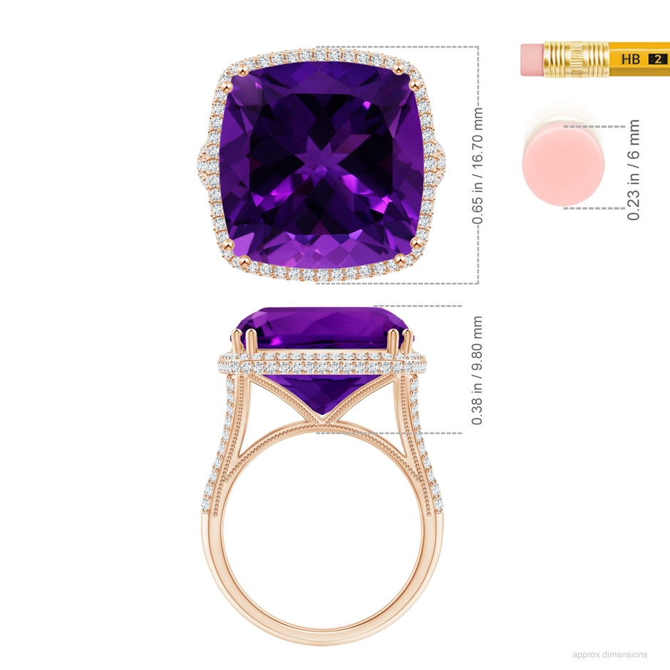 14.11x14.10x9.46mm AAAA GIA Certified Cushion Amethyst Ring with Diamond Halo in 9K Rose Gold ruler