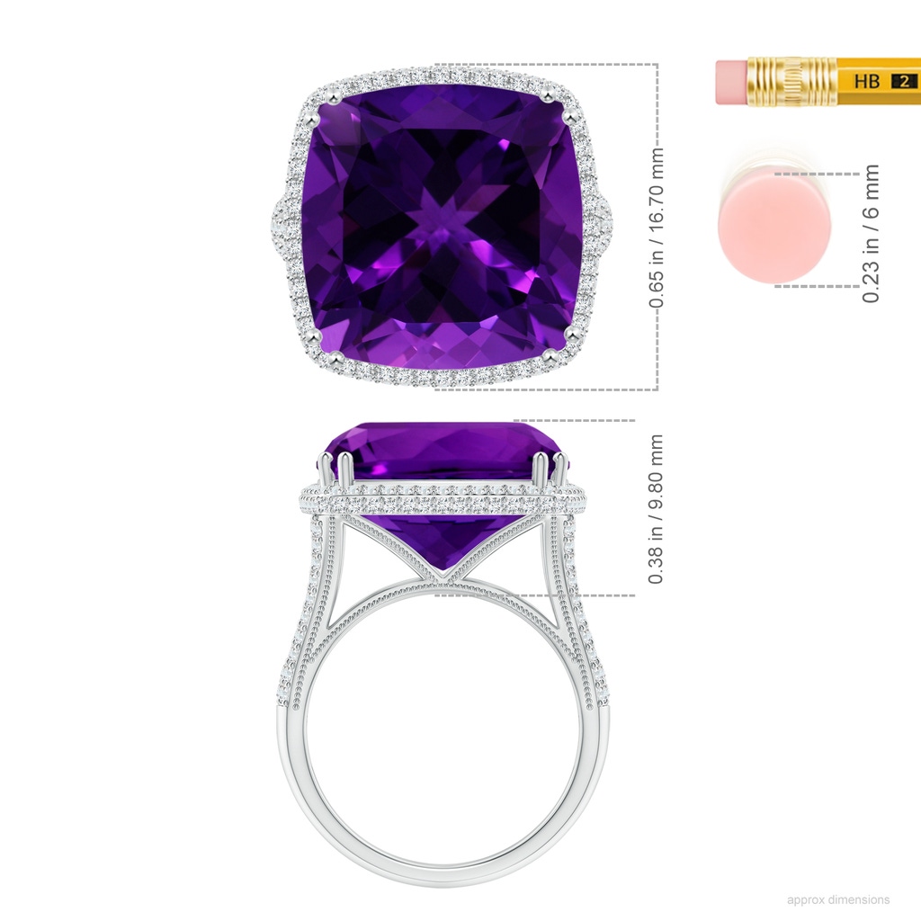 14.11x14.10x9.46mm AAAA GIA Certified Cushion Amethyst Ring with Diamond Halo in White Gold ruler