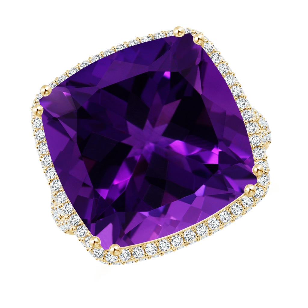 14.11x14.10x9.46mm AAAA GIA Certified Cushion Amethyst Ring with Diamond Halo in Yellow Gold