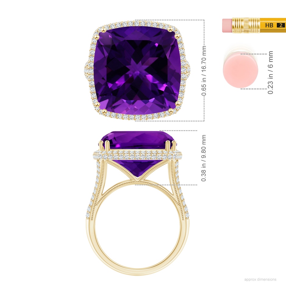 14.11x14.10x9.46mm AAAA GIA Certified Cushion Amethyst Ring with Diamond Halo in Yellow Gold ruler