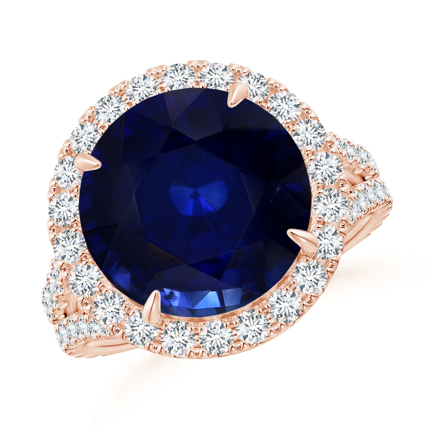 8.92x8.83x5.96mm AAA GIA Certified Round Ceylon Sapphire Split Shank Ring in 18K Rose Gold