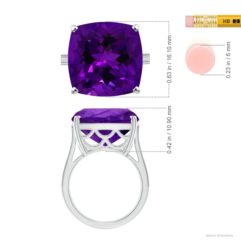 15.02x14.95x10.08mm AAA GIA Certified Cushion Amethyst Ring with Diamond in 18K White Gold ruler