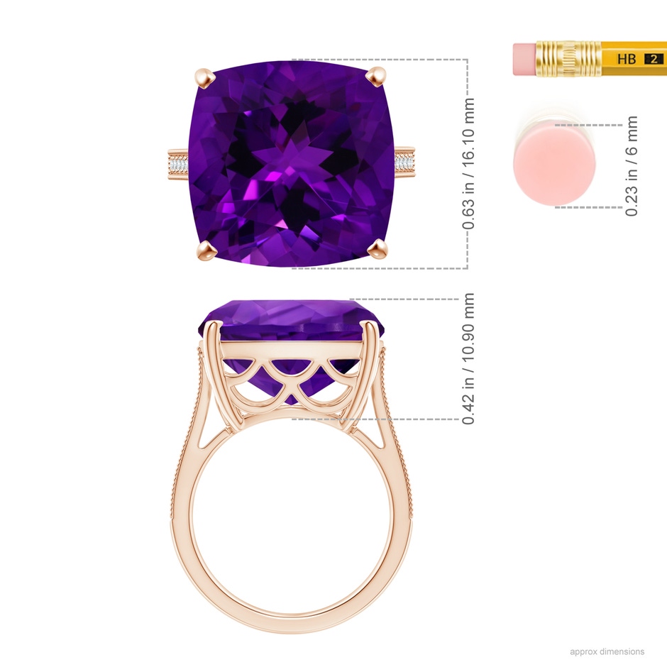 15.02x14.95x10.08mm AAA GIA Certified Cushion Amethyst Ring with Diamond in Rose Gold ruler