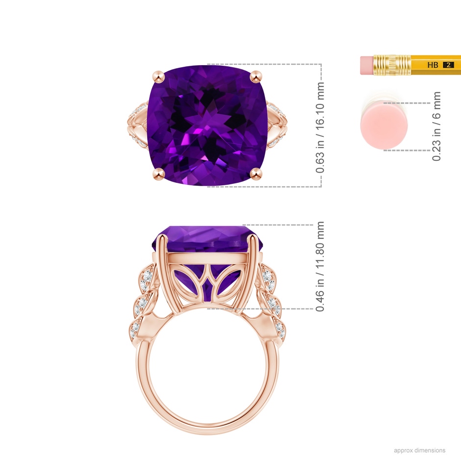 15.02x14.95x10.08mm AAA GIA Certified Cushion Amethyst Ring with Leaf Motifs in 18K Rose Gold ruler