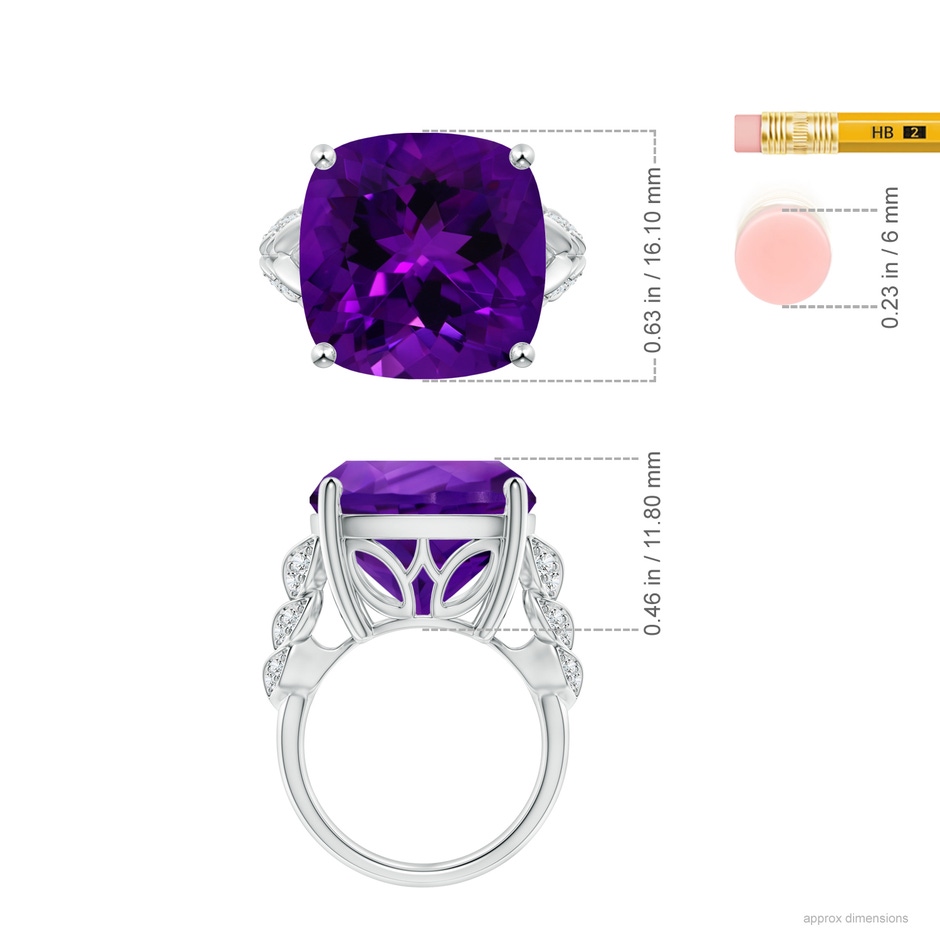 15.02x14.95x10.08mm AAA GIA Certified Cushion Amethyst Ring with Leaf Motifs in 18K White Gold ruler