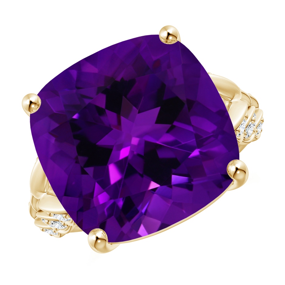 15.02x14.95x10.08mm AAA GIA Certified Cushion Amethyst Ring with Leaf Motifs in Yellow Gold 