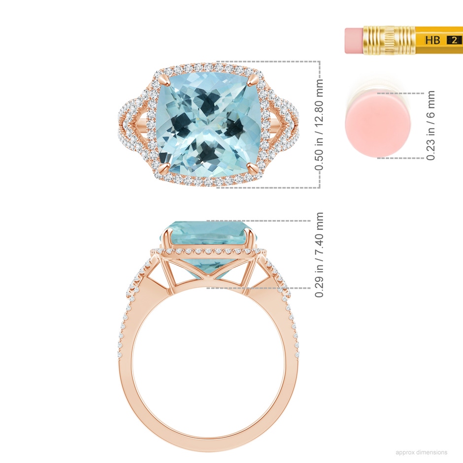 10.17x10.05x6.31mm AAA GIA Certified Cushion Aquamarine Split Shank Halo Ring in 18K Rose Gold ruler
