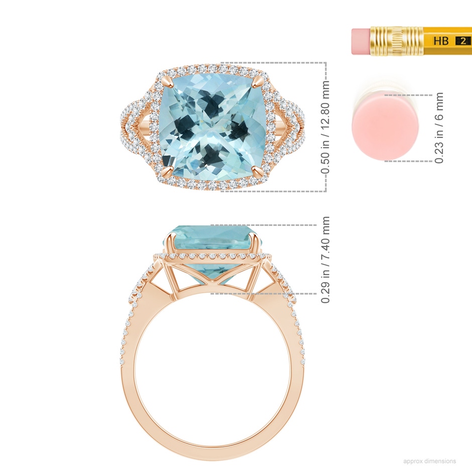 10.17x10.05x6.31mm AAA GIA Certified Cushion Aquamarine Split Shank Halo Ring in Rose Gold ruler