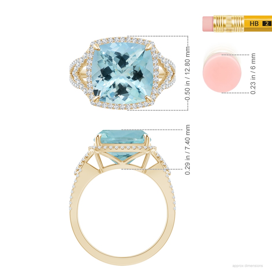 10.17x10.05x6.31mm AAA GIA Certified Cushion Aquamarine Split Shank Halo Ring in Yellow Gold ruler
