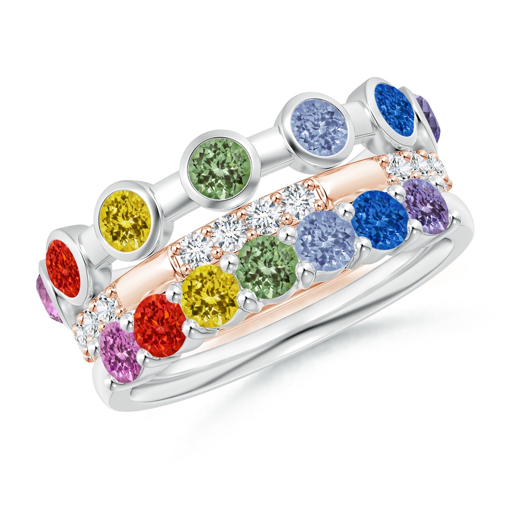 3mm AAA Spectra Multi-Sapphire and Diamond Stackable Ring Set in White Gold Rose Gold