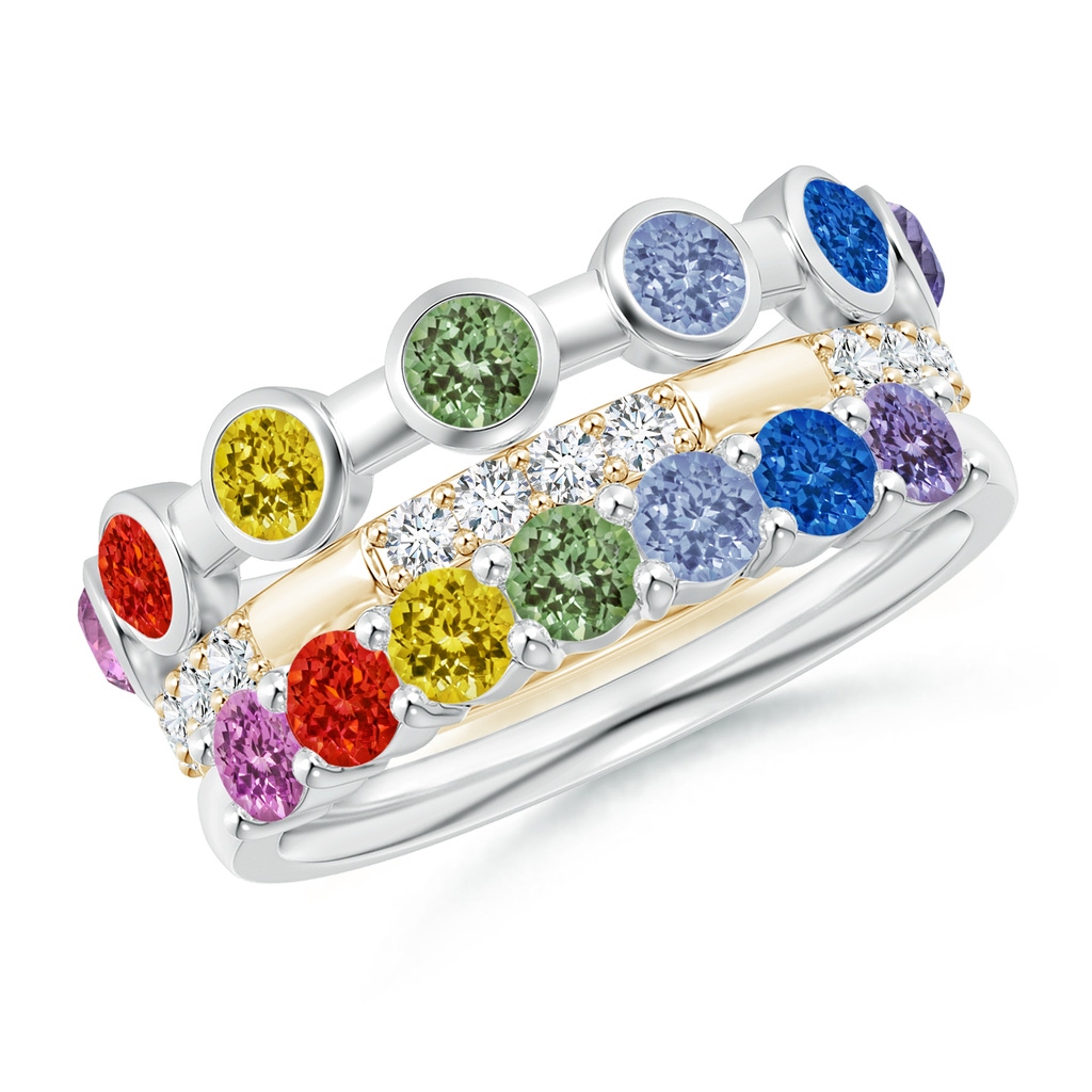 3mm AAA Spectra Multi-Sapphire and Diamond Stackable Ring Set in White Gold Yellow Gold 