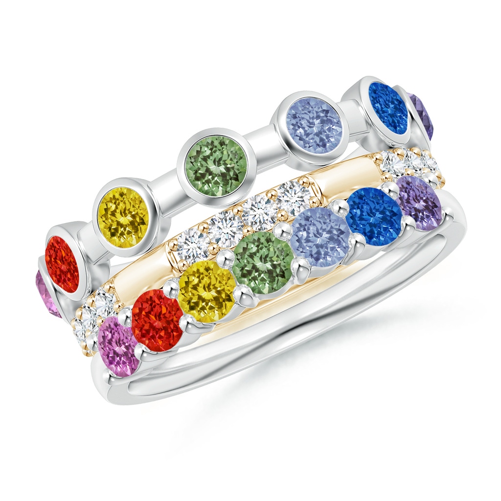 3mm AAA Spectra Multi-Sapphire and Diamond Stackable Ring Set in White Gold Yellow Gold