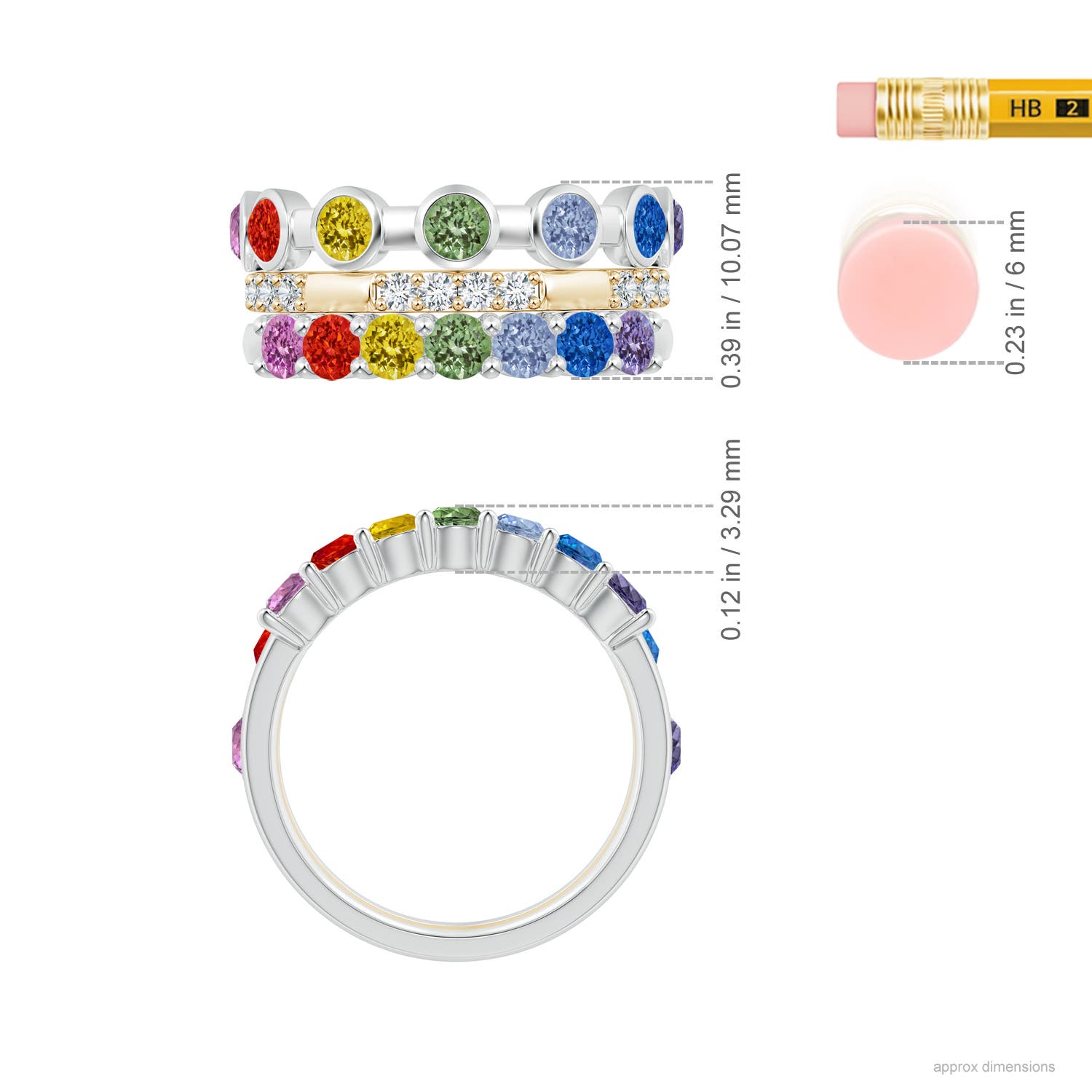 3mm AAA Spectra Multi-Sapphire and Diamond Stackable Ring Set in White Gold Yellow Gold - ruler