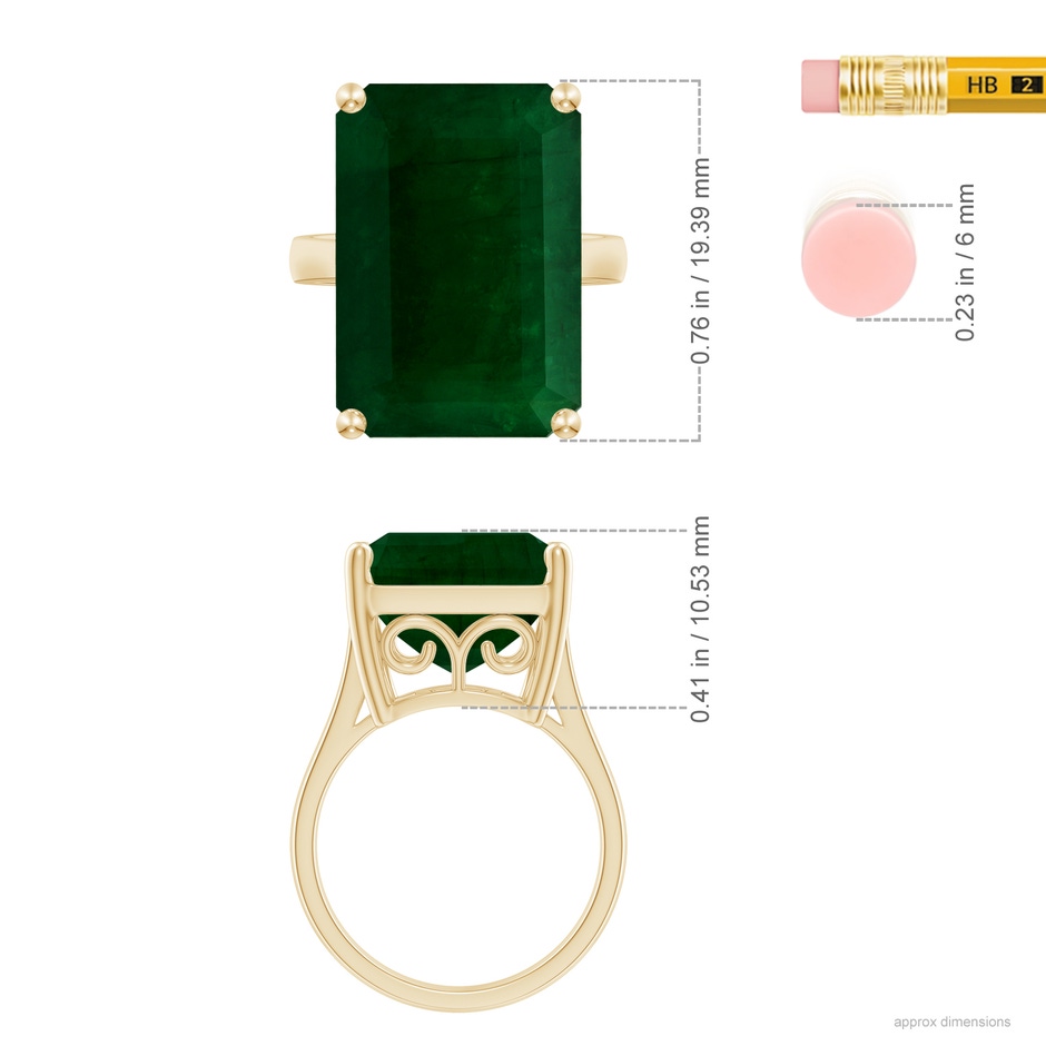 19.40x13.39x10.04mm A Prong-Set GIA Certified Solitaire Emerald-Cut Emerald Reverse Tapered Ring in 9K Yellow Gold ruler