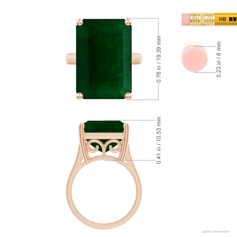 19.40x13.39x10.04mm A Prong-Set GIA Certified Solitaire Emerald-Cut Emerald Reverse Tapered Ring in Rose Gold ruler
