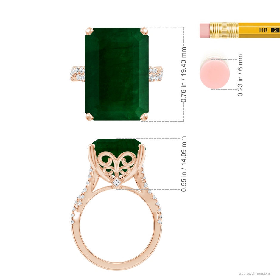 19.40x13.39x10.04mm A Peg-Set GIA Certified Emerald-Cut Emerald Ring with Diamond Twist Shank in Rose Gold ruler