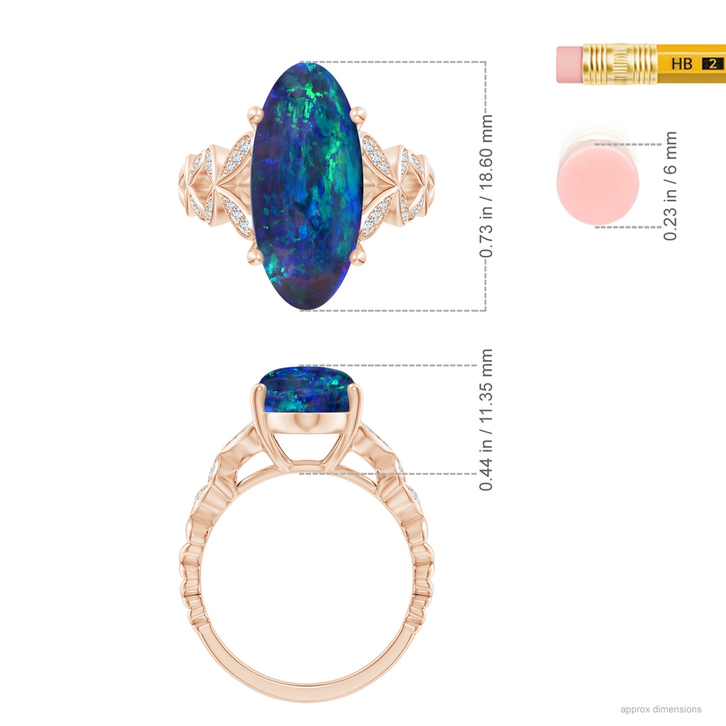 18.60x8.45x6.10mm AAAA GIA Certified Oval Black Opal Diamond studded Butterfly Cocktail Ring in Rose Gold ruler