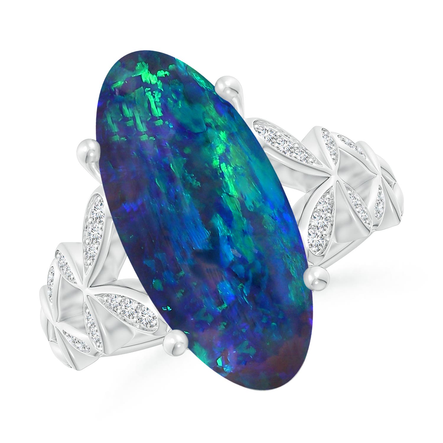 18.60x8.45x6.10mm AAAA GIA Certified Oval Black Opal Diamond studded Butterfly Cocktail Ring in White Gold - side 2